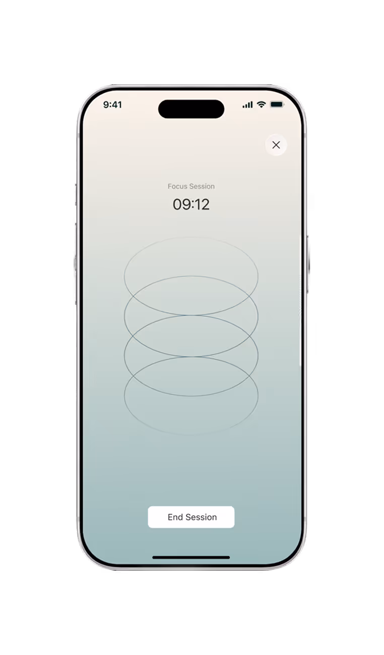 Smartphone showing a focus session timer at 09:12 with an End Session button and overlapping circles.
