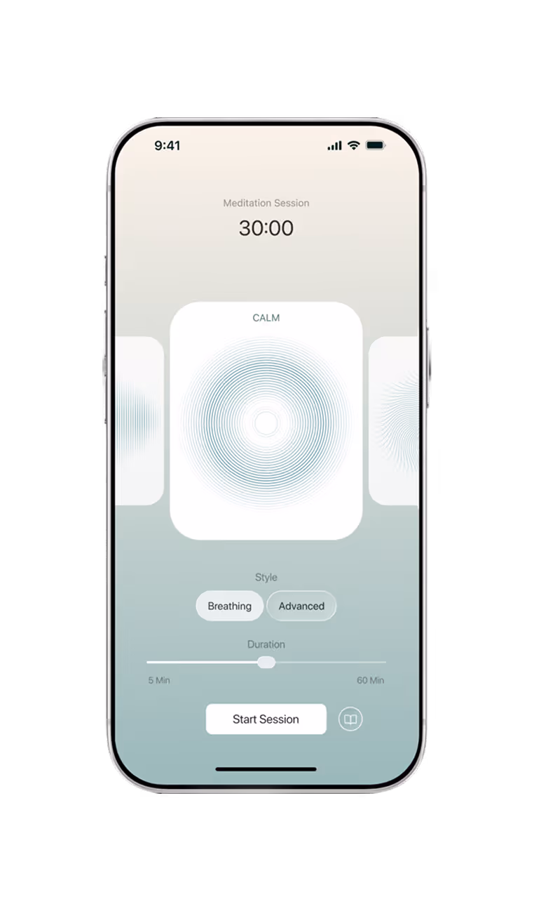 Smartphone showing meditation app with calm style, breathing and advanced options, 30-minute session timer.