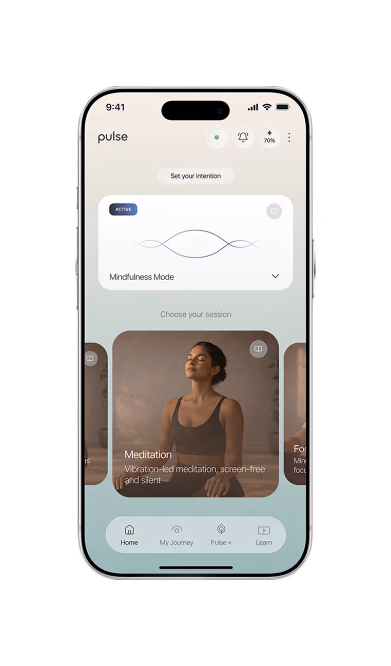 Smartphone showing Pulse app with Mindfulness Mode active and Meditation session option selected.