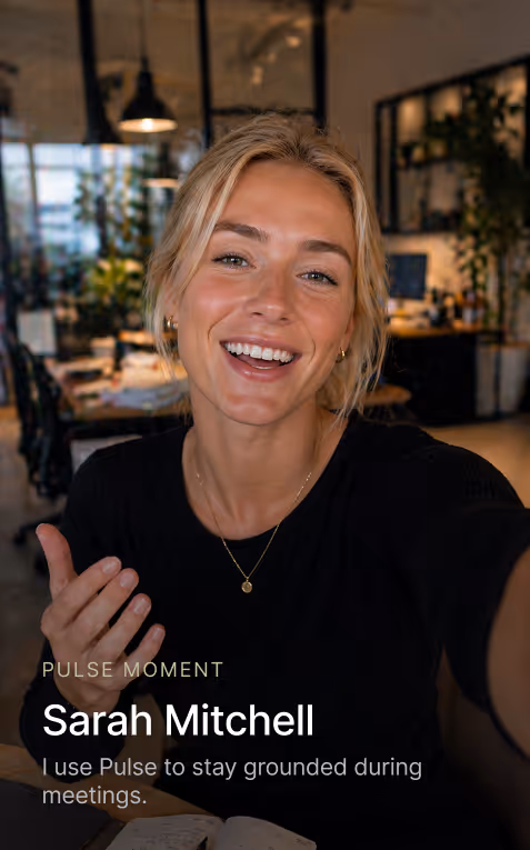 Smiling woman with blonde hair in a black top in an office, captioned with her name and Pulse testimonial.