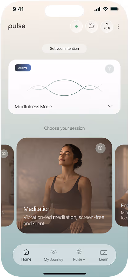 Mobile app screen showing Mindfulness Mode active and meditation session with a woman meditating eyes closed.