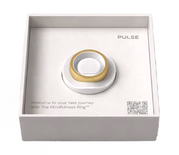 The Mindfulness Ring inside a sleek white box labeled PULSE with a QR code and welcome message.