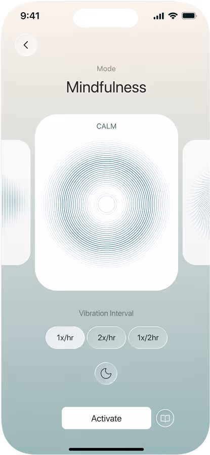 Mindfulness mode screen with calm concentric circle design and vibration interval options on phone.
