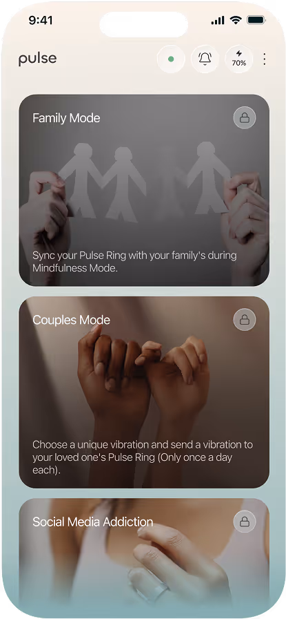 Mobile app showing Family Mode, Couples Mode, and Social Media Addiction features, all locked.