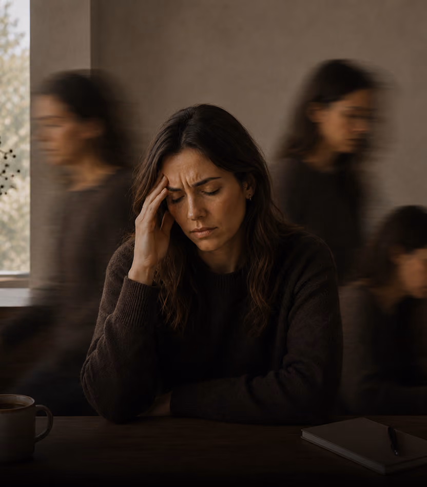Woman sitting with eyes closed and hand on temple, appearing stressed or in pain with blurred figures around her.