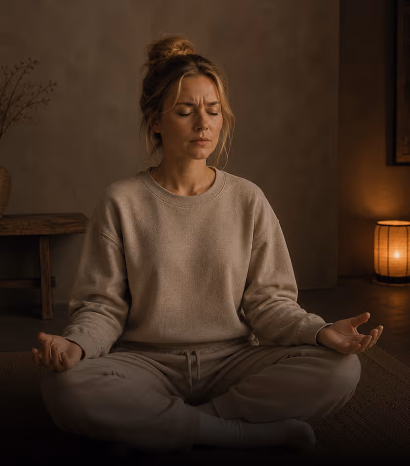 Woman in beige loungewear sitting cross-legged, meditating with eyes closed and calm expression.
