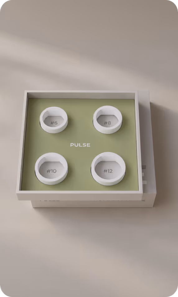 White box with green insert labeled PULSE holding four round white rings numbered 6, 8, 10, and 12.