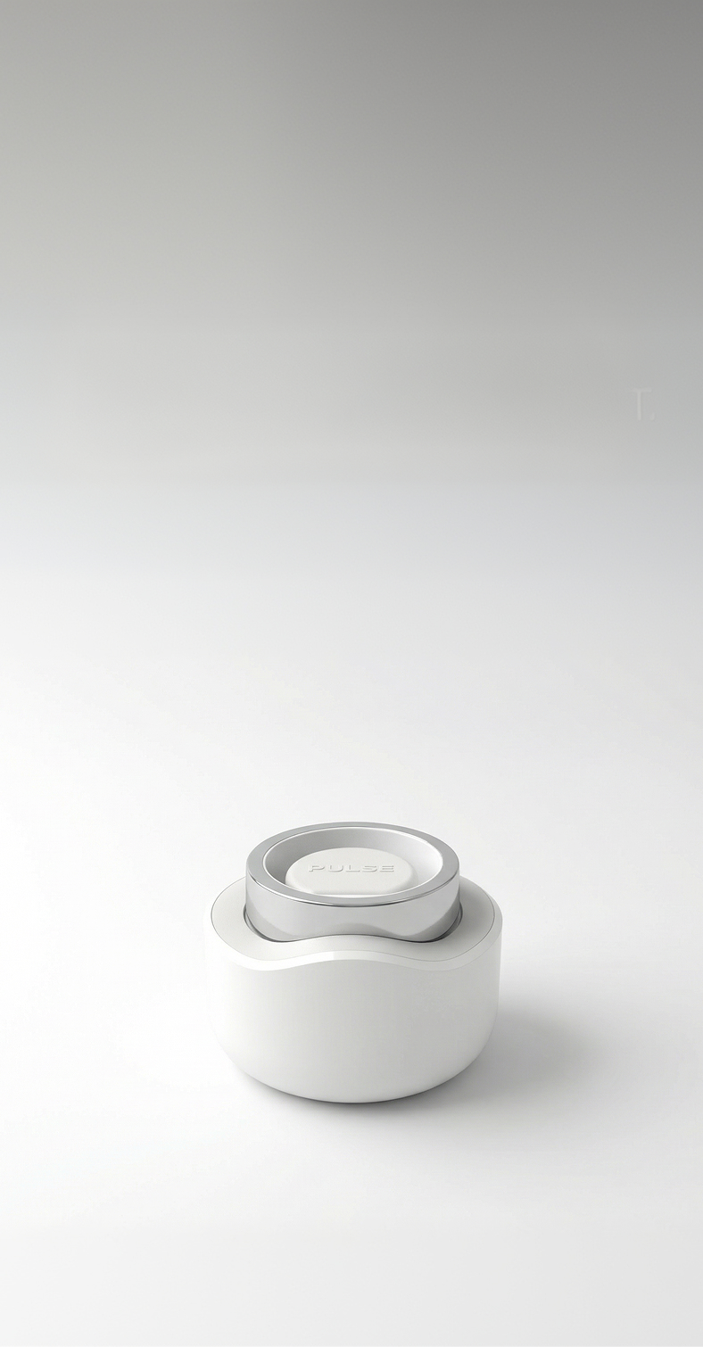 Minimalist white and silver device with the word PULSE on top, placed on a white surface.