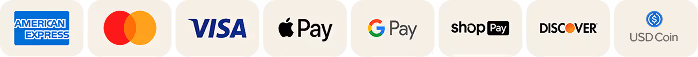 Payment icons for American Express, Mastercard, Visa, Apple Pay, Google Pay, shop Pay, Discover, and USD Coin.