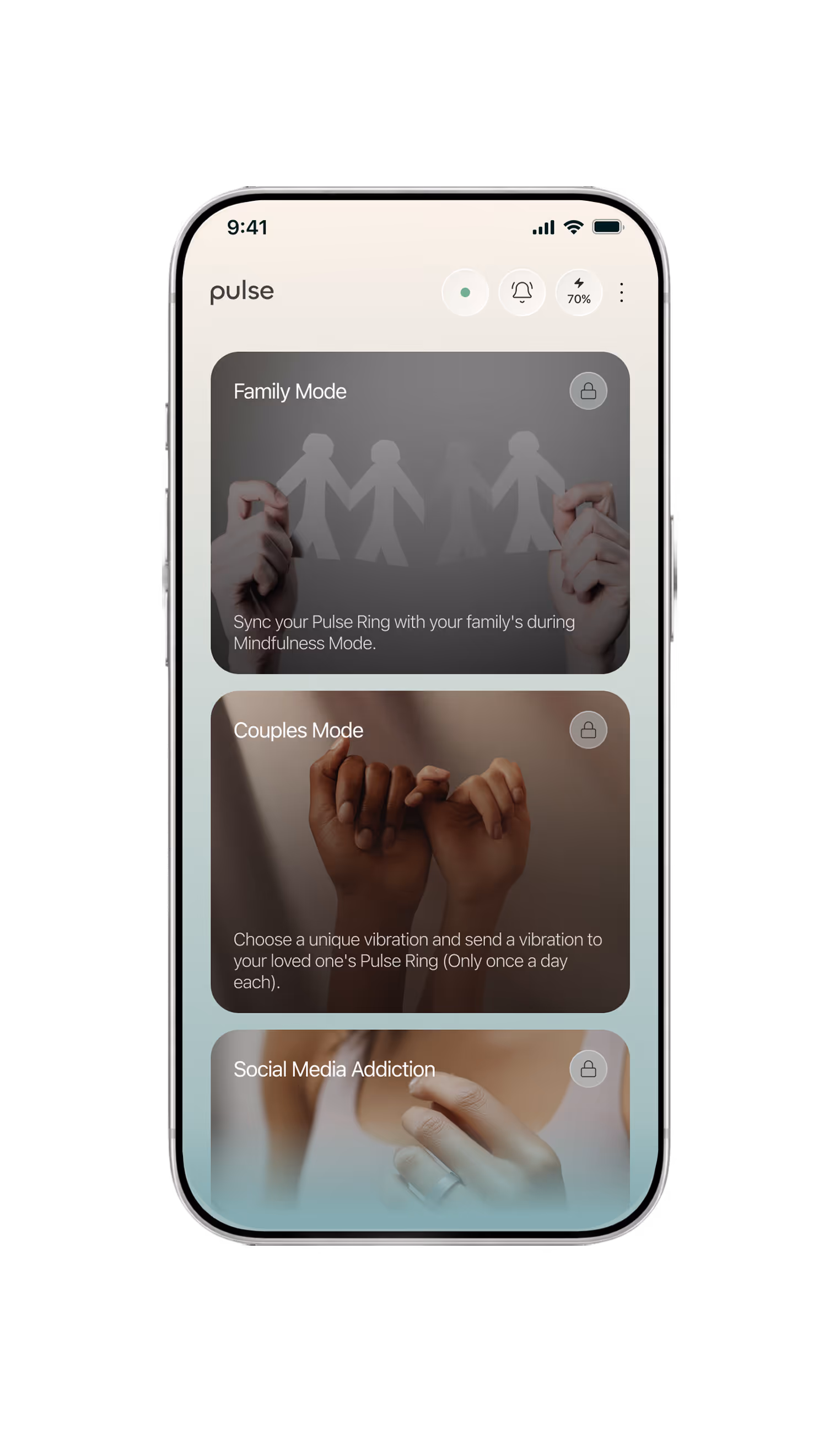 Mobile app screen showing locked modes: Family Mode, Couples Mode, and Social Media Addiction.