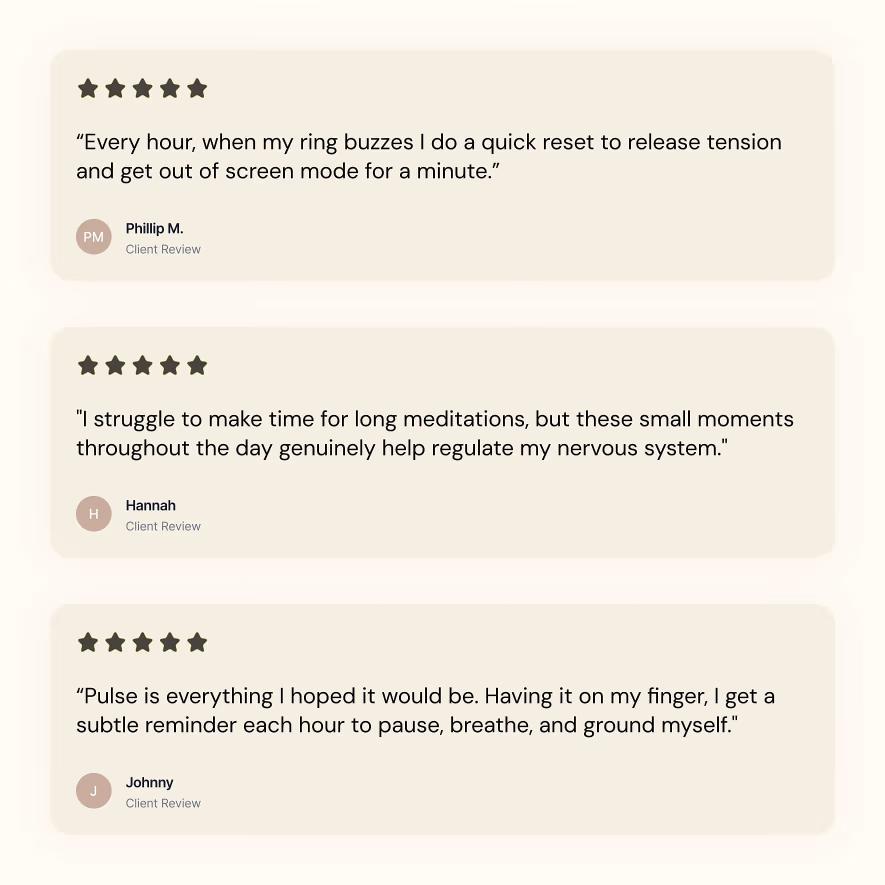 Three client reviews praising a ring that helps manage tension and supports nervous system regulation.
