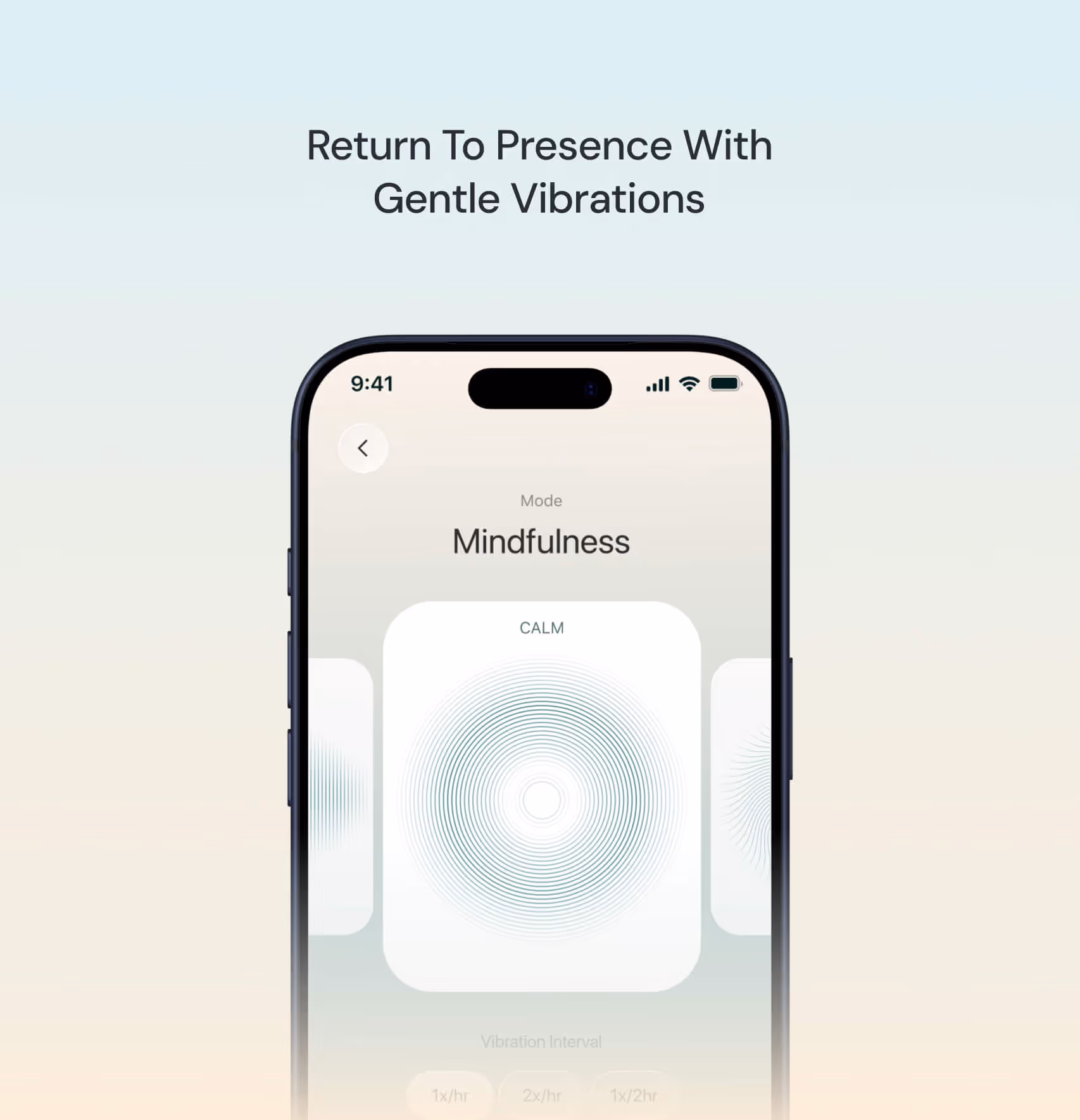 Smartphone screen shows mindfulness mode with calm setting and concentric circle vibration pattern.