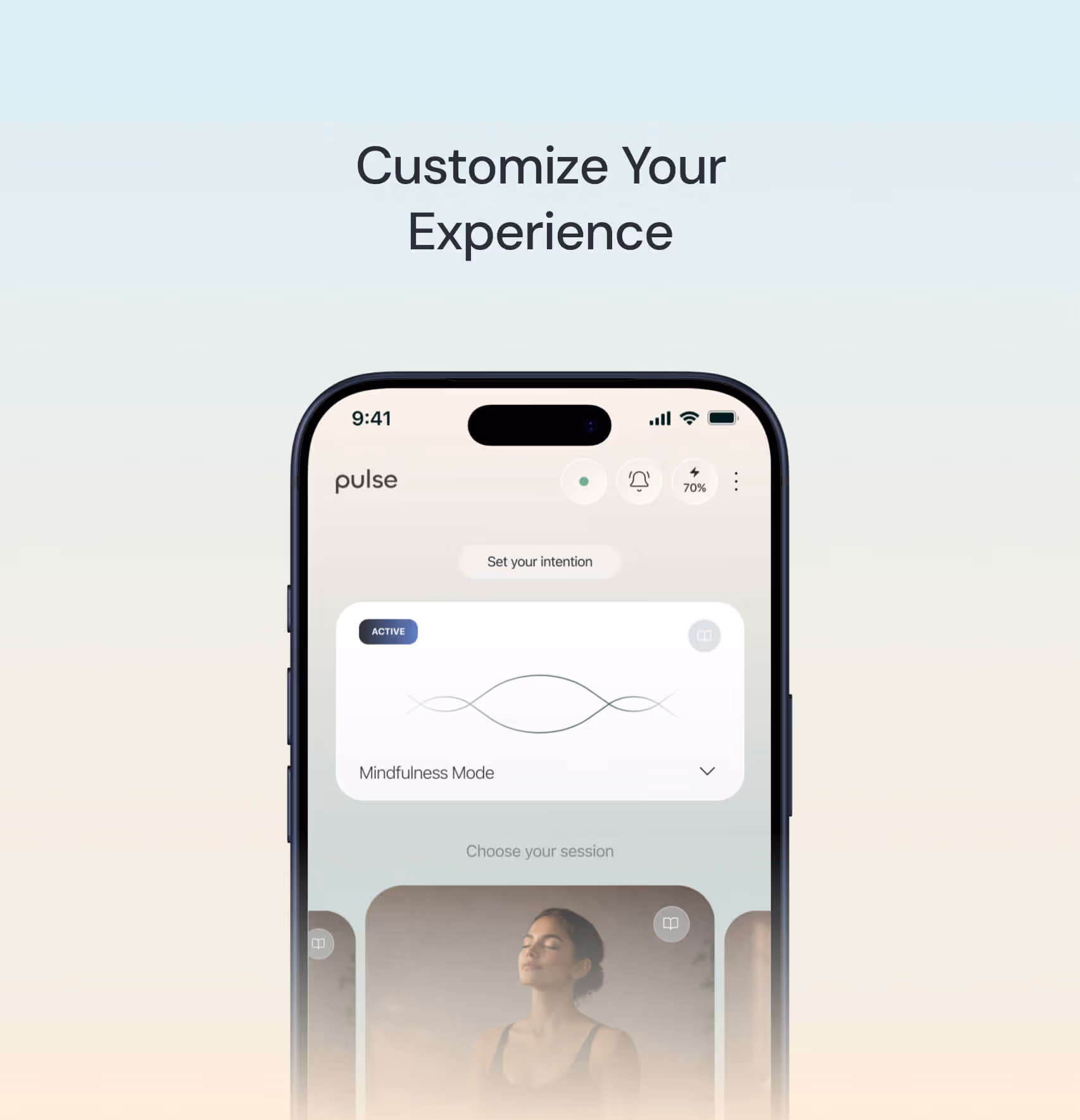 Smartphone displaying a meditation app with mindfulness mode active and a woman meditating in a session.