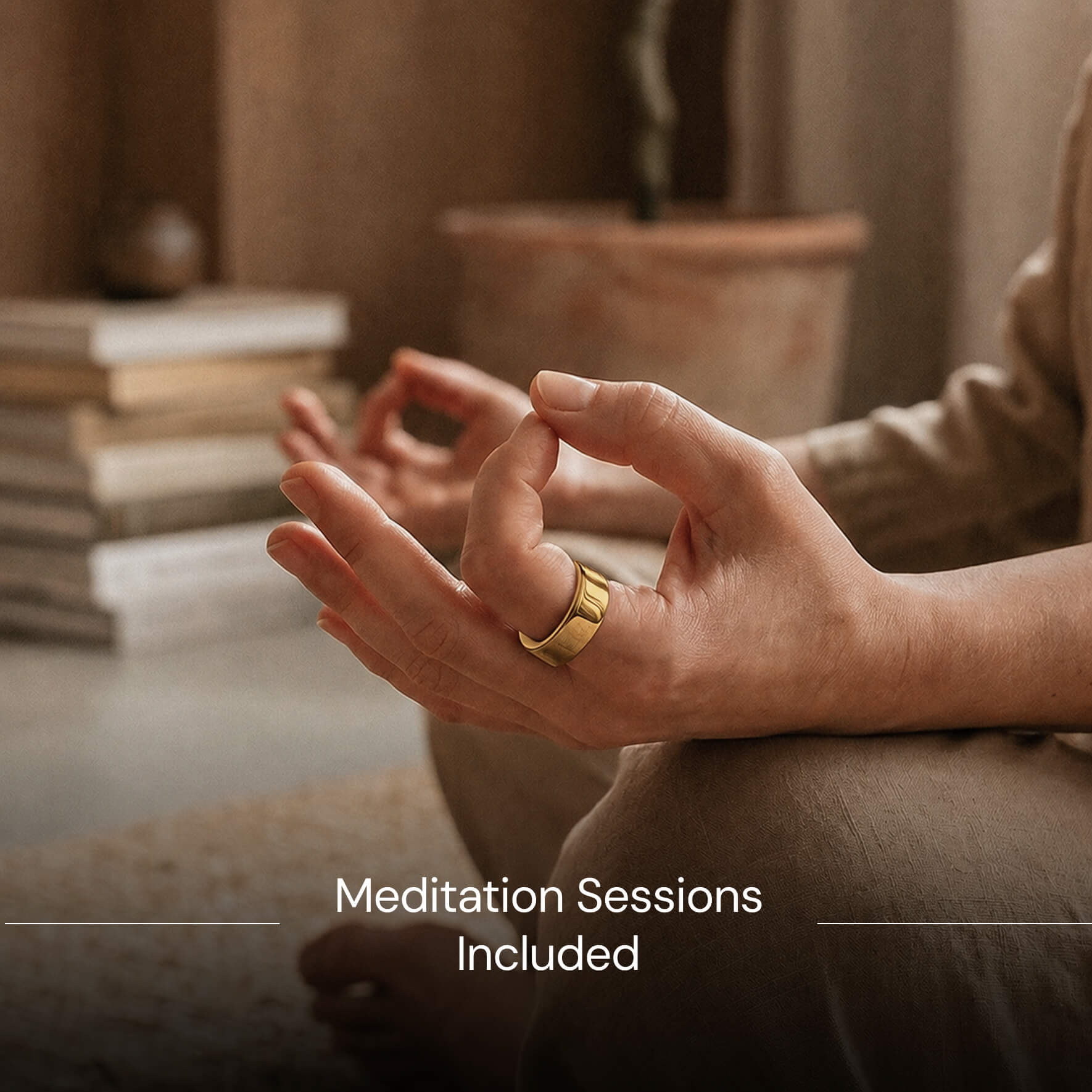 Close-up of hands in meditation pose with a gold ring on finger and blurred background.
