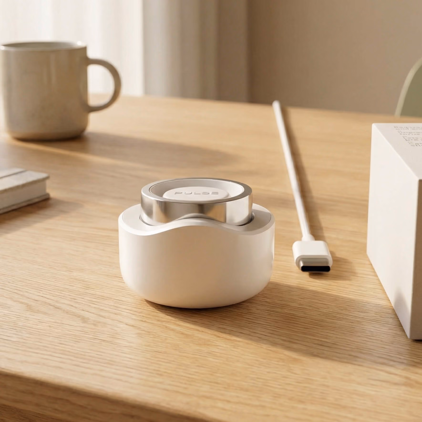 Small white electronic device with a silver ring labeled Pulse on a wooden table with a cable nearby.