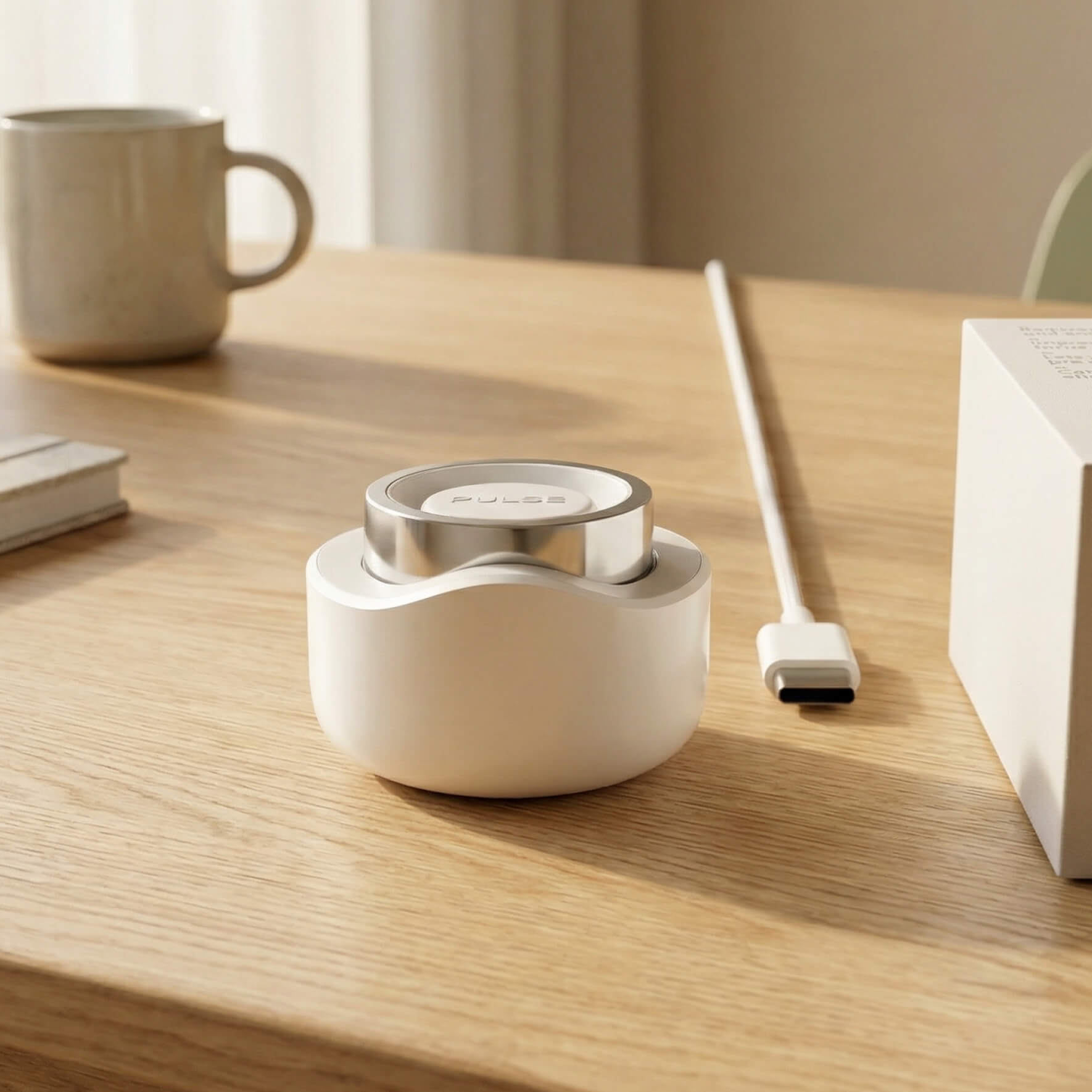 Small white electronic device with a silver ring labeled Pulse on a wooden table with a cable nearby.