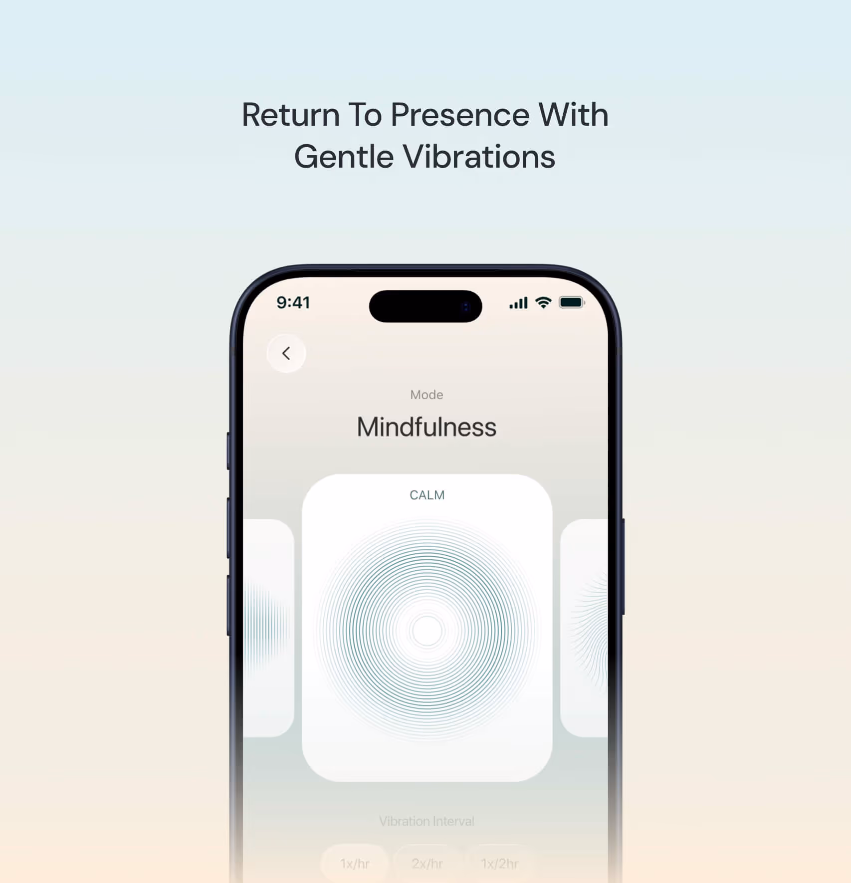 Smartphone screen showing a mindfulness mode with a calming circular vibration pattern.