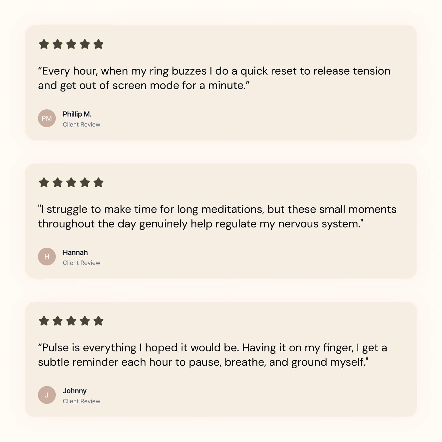 Three client reviews praising a ring for stress relief, nervous system help, and hourly mindfulness prompts.