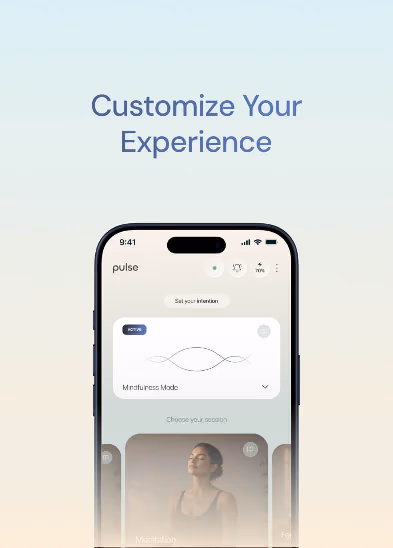 Smartphone showing a mindfulness app interface with Meditation session and Customize Your Experience text.