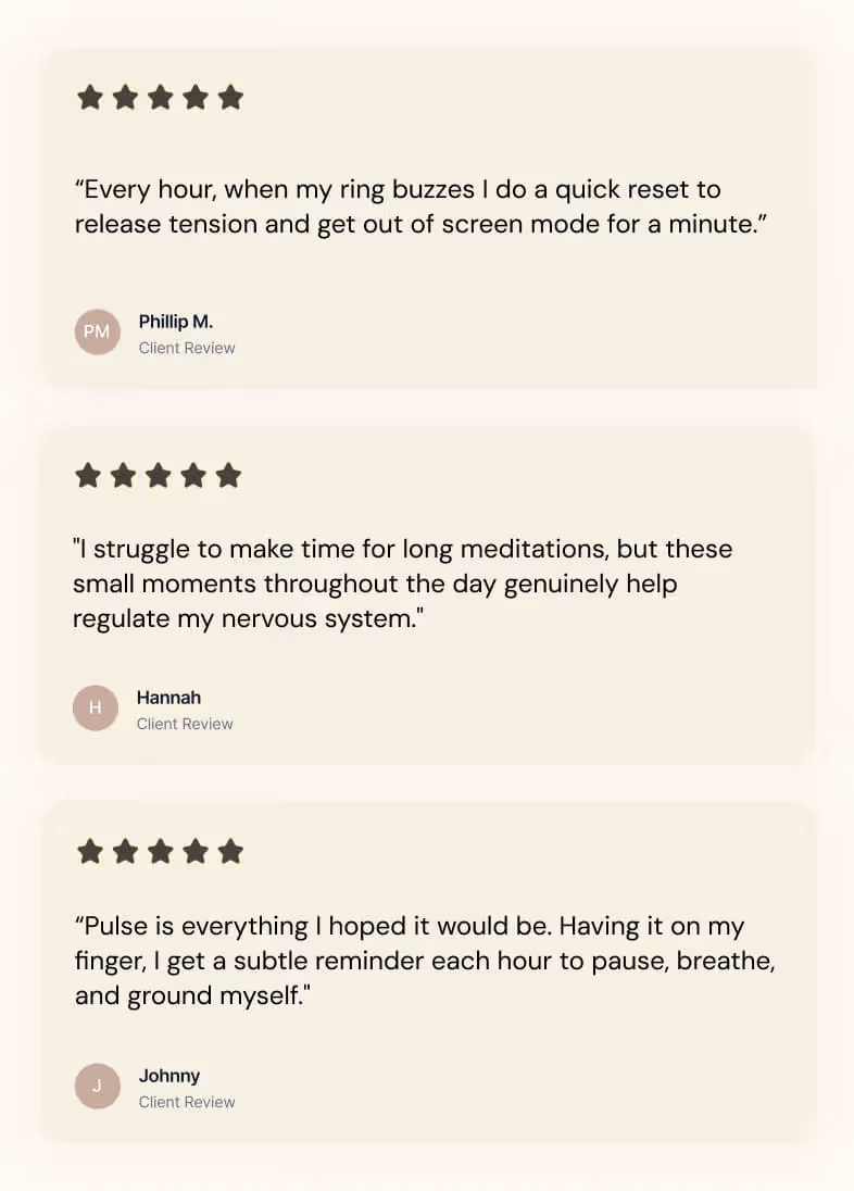 Three client reviews with five-star ratings praising a ring that helps with tension and nervous system regulation.