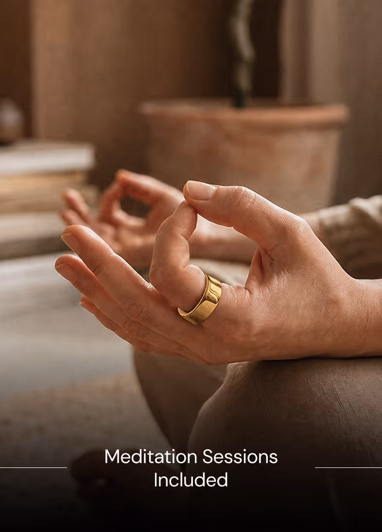 Close-up of hands in meditation pose, one wearing a gold ring, with text saying Meditation Sessions Included.