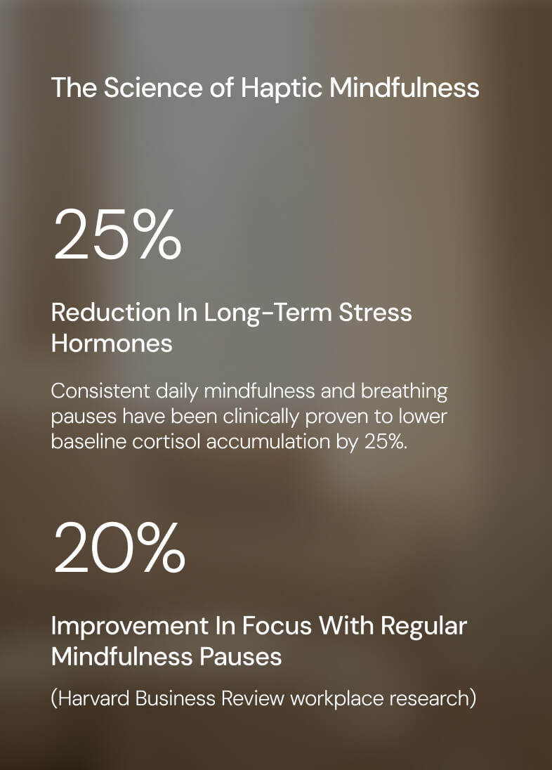 Text showing 25% stress hormone reduction and 20% focus improvement with regular mindfulness pauses.