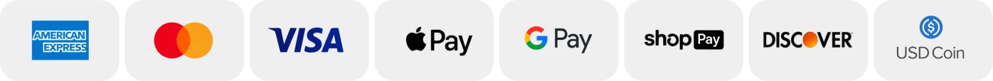 American Express, Mastercard, Visa, Apple Pay, Google Pay, Shop Pay, Discover, USDC