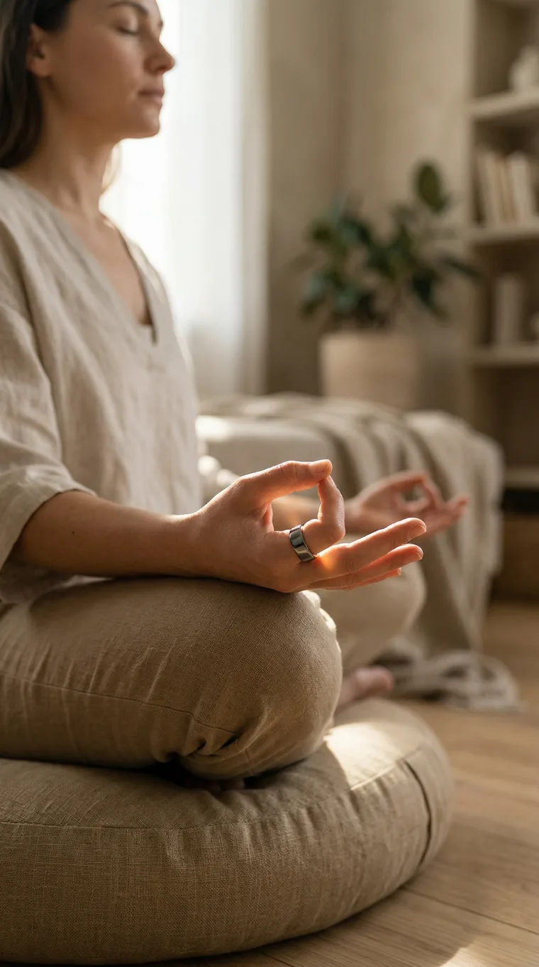 A person meditating cross-legged, wearing the Pulse Ring