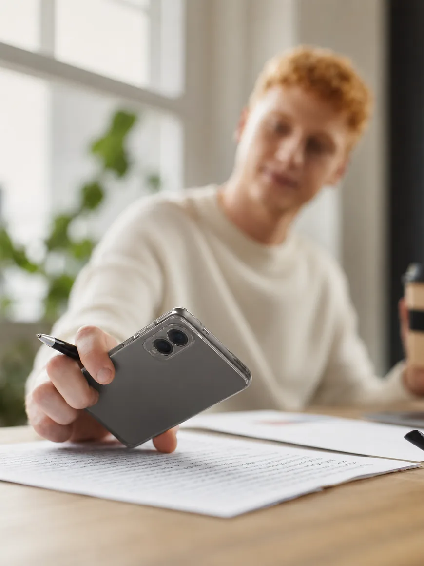 A man pulling a phone away from his desk