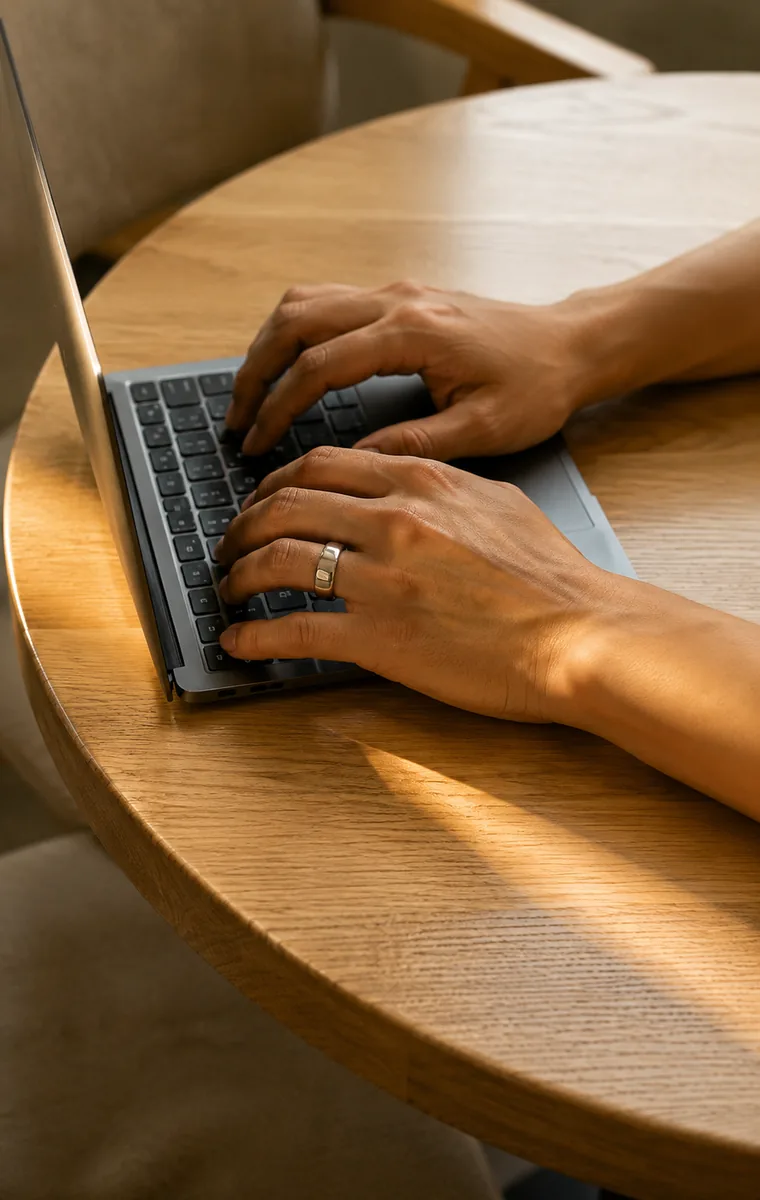 Hands typing on a laptop at a wooden table