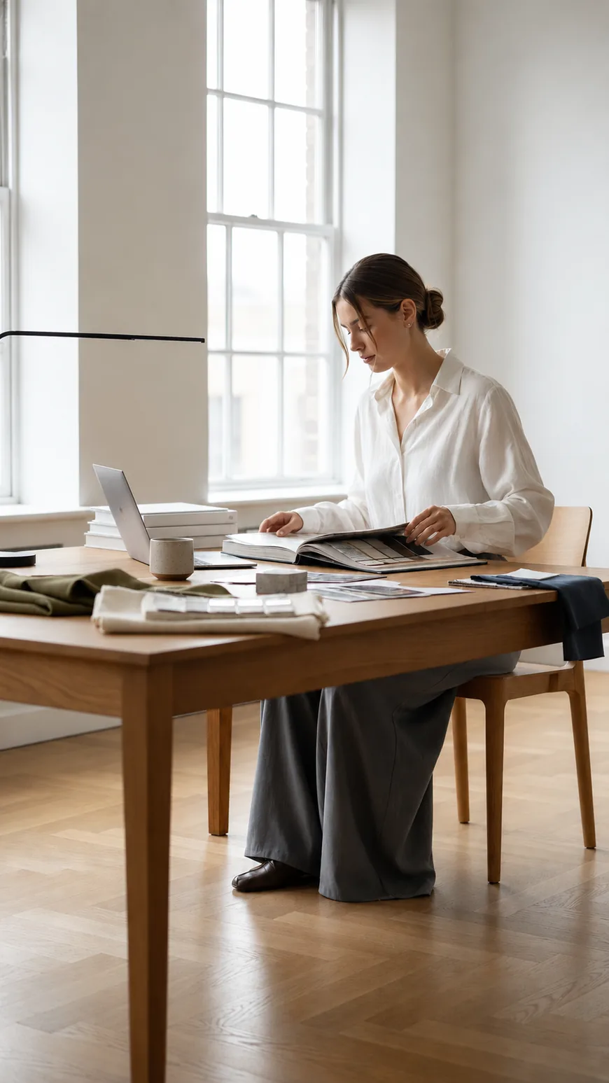 A woman reading at a wooden desk by a window