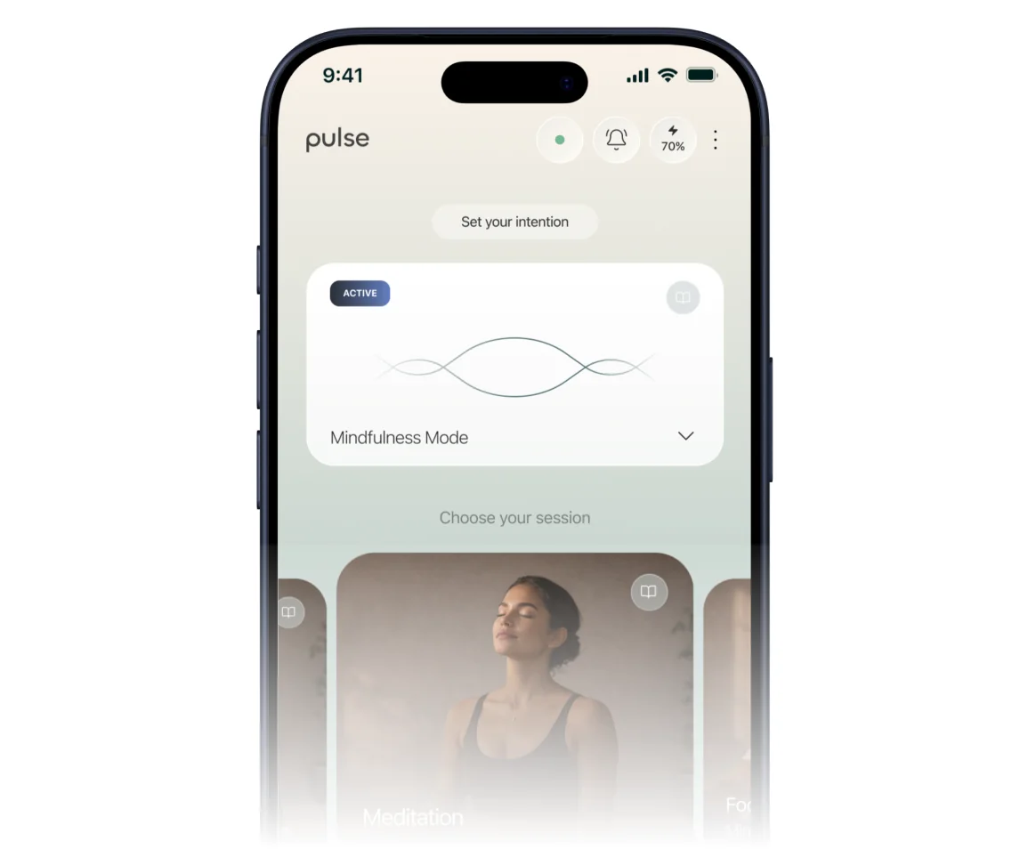 The Pulse app on a phone, showing Mindfulness Mode and a choice of sessions