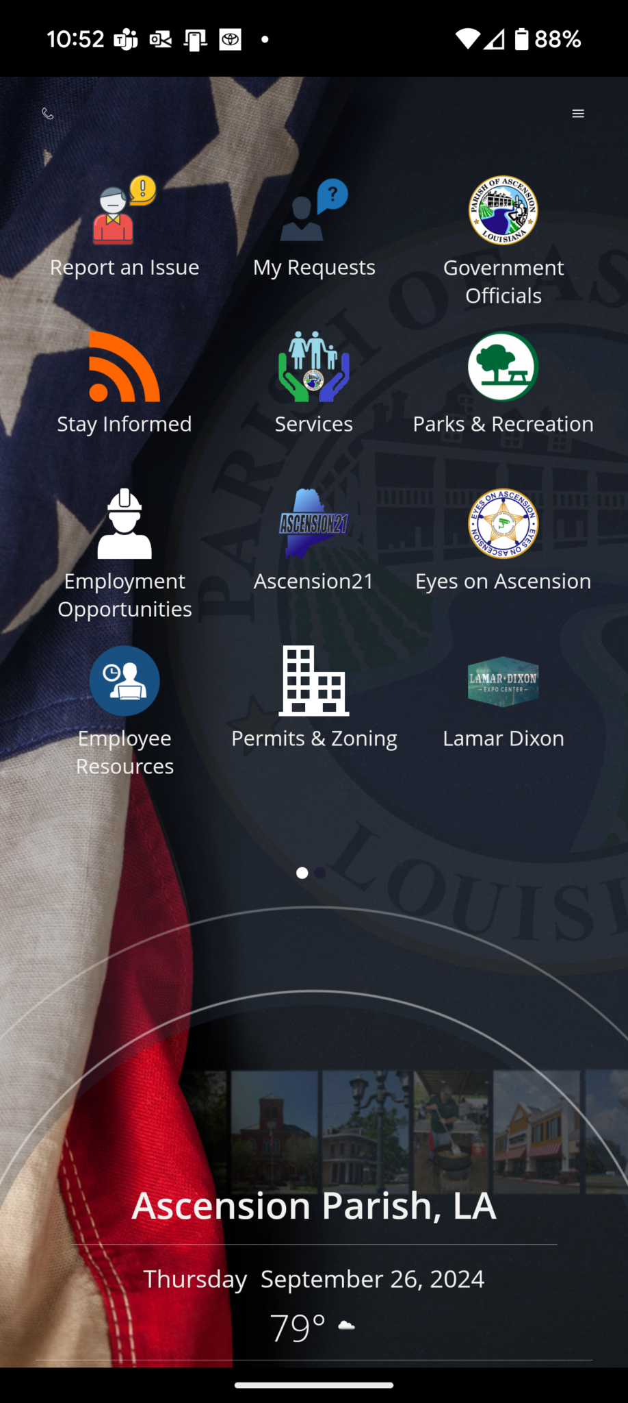 Mobile app screen for Ascension Parish, LA with icons for Report an Issue, My Requests, Government Officials, Stay Informed, Services, Parks & Recreation, Employment Opportunities, Ascension21, Eyes on Ascension, Employee Resources, Permits & Zoning, and Lamar Dixon, showing date September 26, 2024, and temperature 79°.