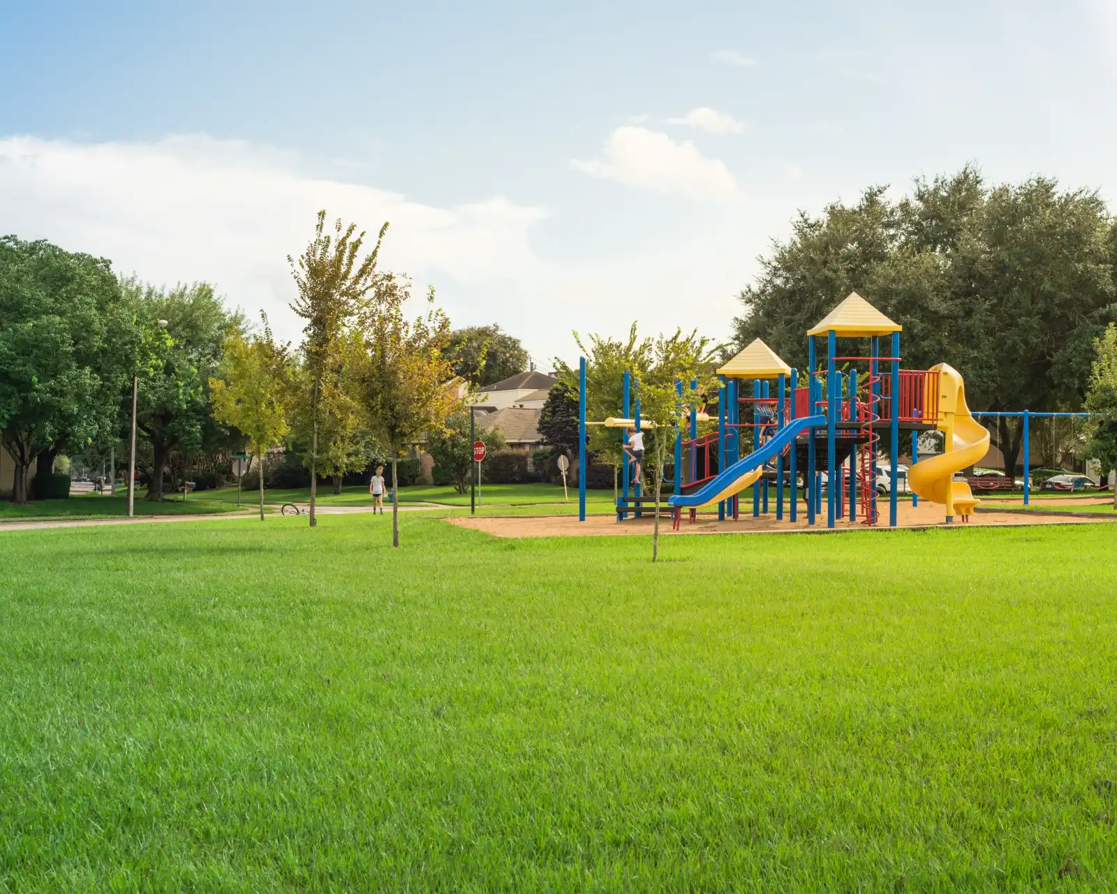 Playground with slides and climbing structures surrounded by green grass and trees on a sunny day.