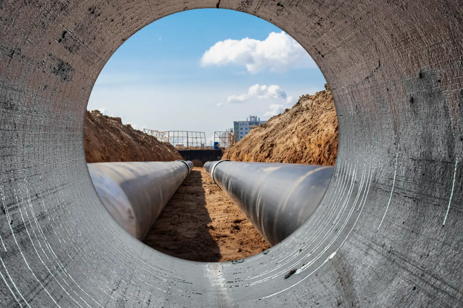 Two large underground industrial pipelines being installed side by side in an open trench, viewed through a circular concrete pipe.