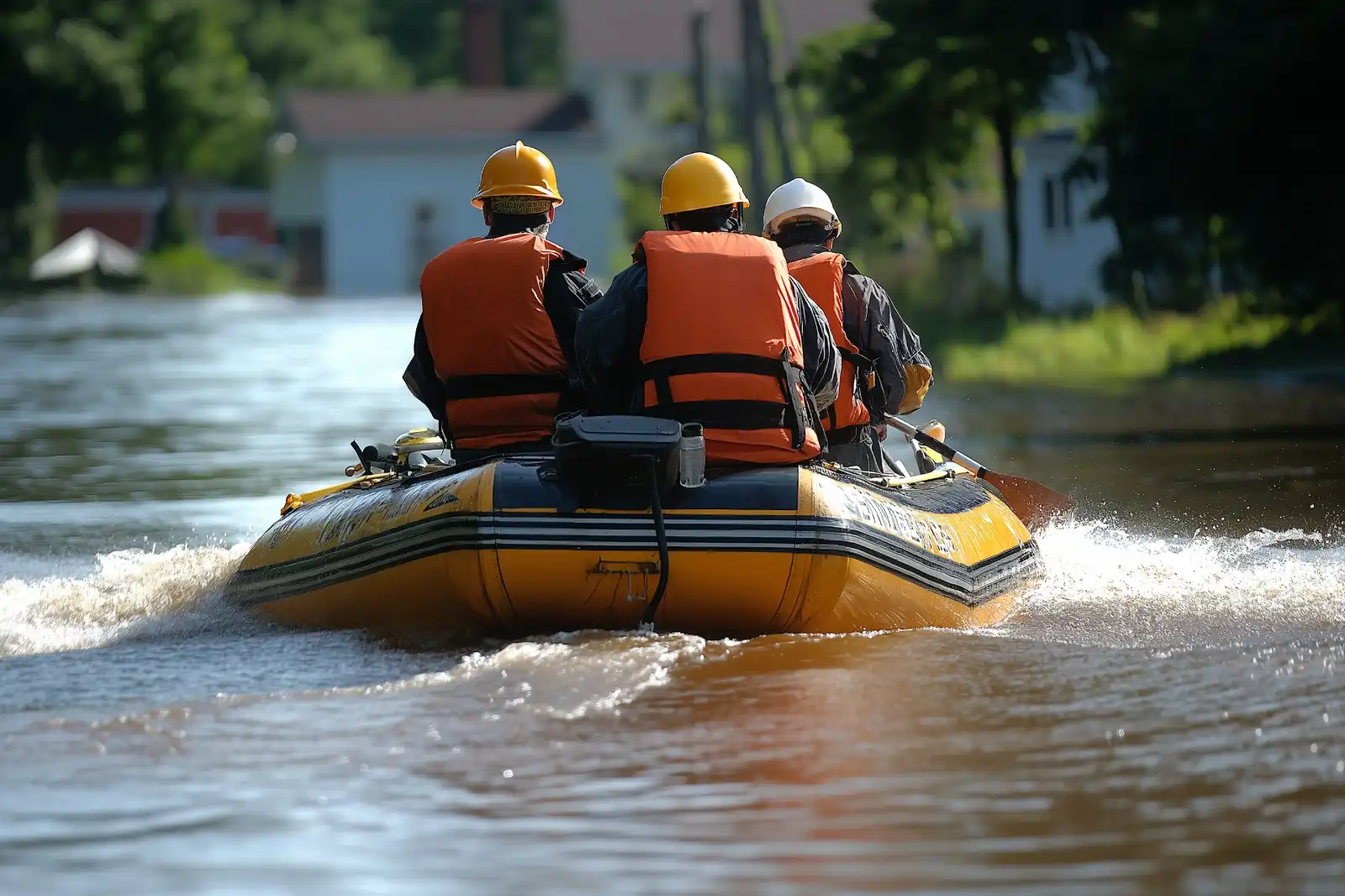 Three people wearing helmets and orange life jackets riding a yellow inflatable boat on a river.