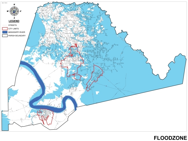 Map showing floodzones in a parish with blue shading indicating flood areas, red outlines for city limits, and the Mississippi River marked in dark blue.