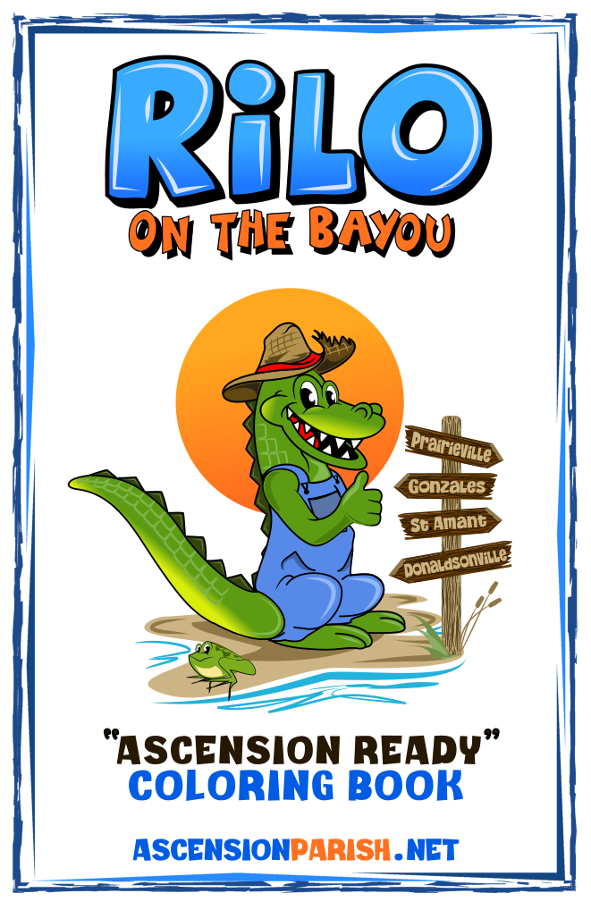 Cartoon alligator in blue overalls and straw hat giving thumbs up by a wooden signpost with local town names, with blue water and a frog nearby, titled 'RiLO ON THE BAYOU' and labeled 'Ascension Ready Coloring Book' with ascentionparish.net at the bottom.