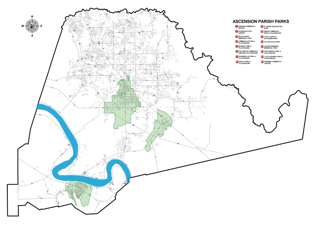 Map outlining Ascension Parish with marked locations of parks and recreation areas, featuring a blue river and green-shaded park zones.