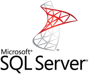 Microsoft SQL Server logo with red and gray stylized geometric design above text.