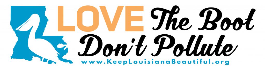 Silhouette of Louisiana with a white pelican and text 'Love The Boot Don't Pollute' promoting Keep Louisiana Beautiful.