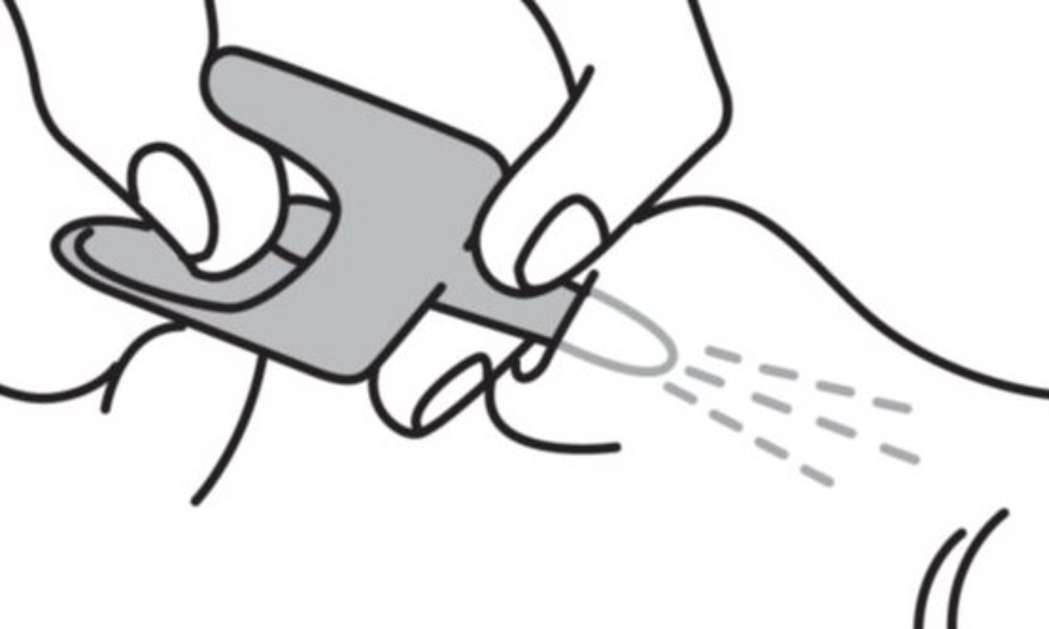 Illustration of a finger being sprayed with a small medical spray device.