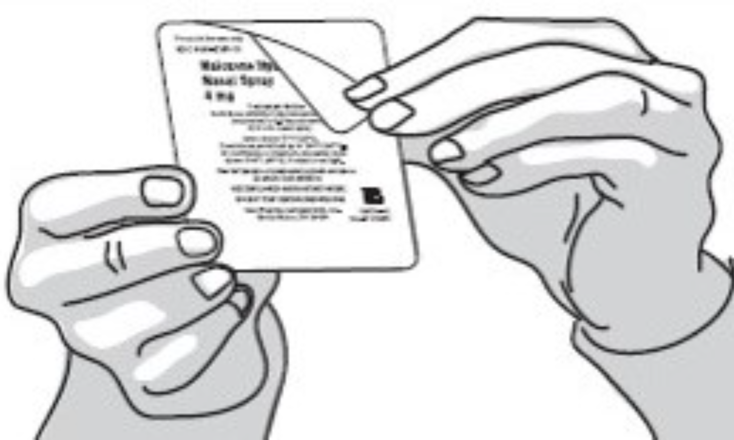 Illustration of hands peeling back the corner of a medication packet labeled 'Narcan Nasal Spray'.