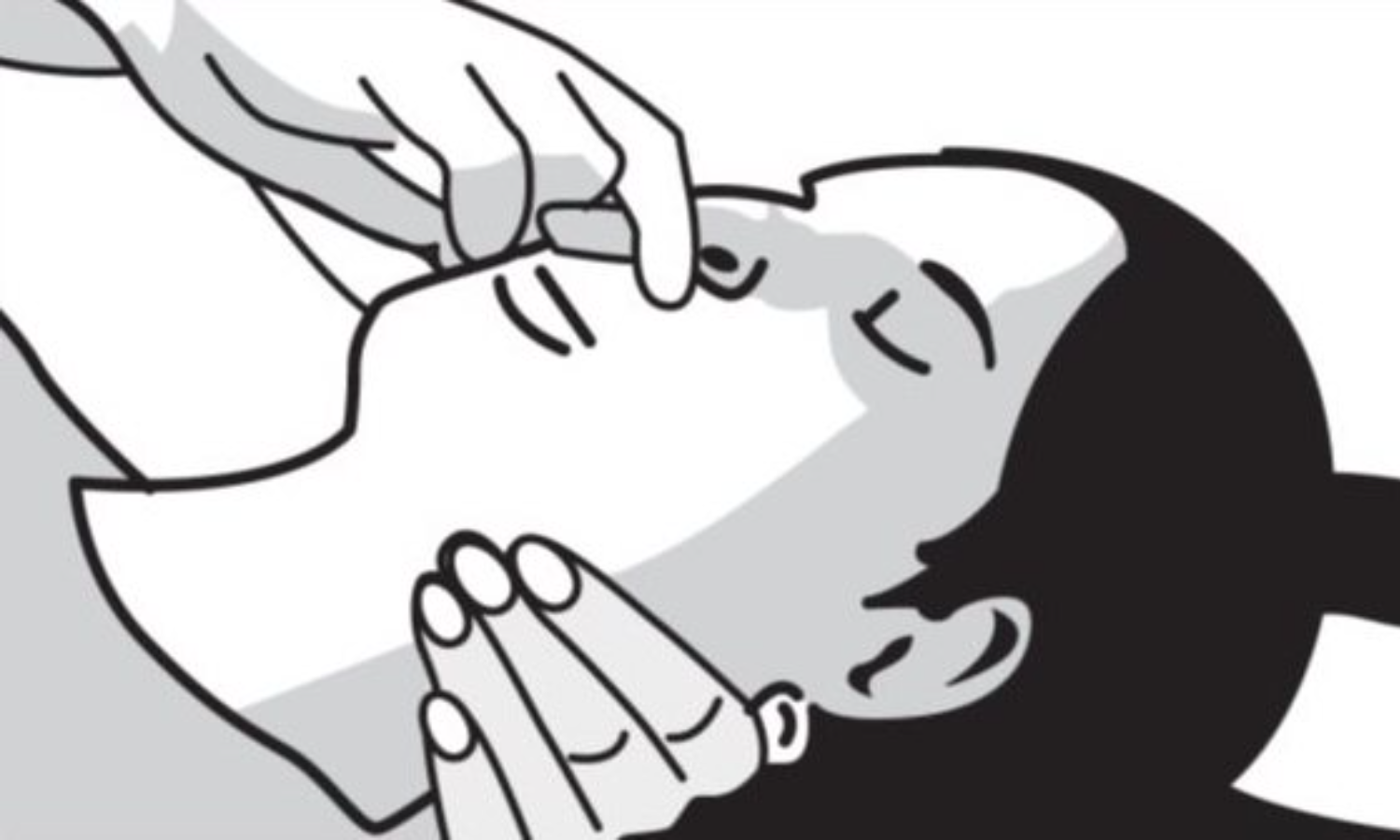 Illustration of a person lying down with one hand supporting their head and the other pinching their nose, appearing to clear their nasal passage.