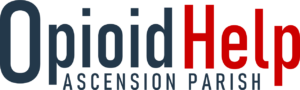 Opioid Help Ascension Parish logo with 'Opioid' in blue and 'Help' in red text above 'Ascension Parish'.