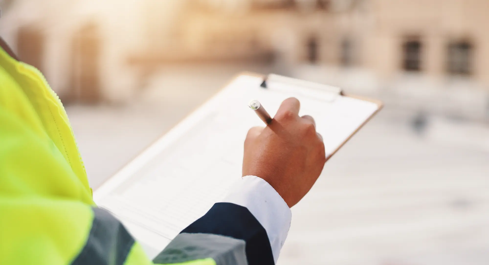 Person wearing high-visibility jacket writing on a clipboard outdoors.