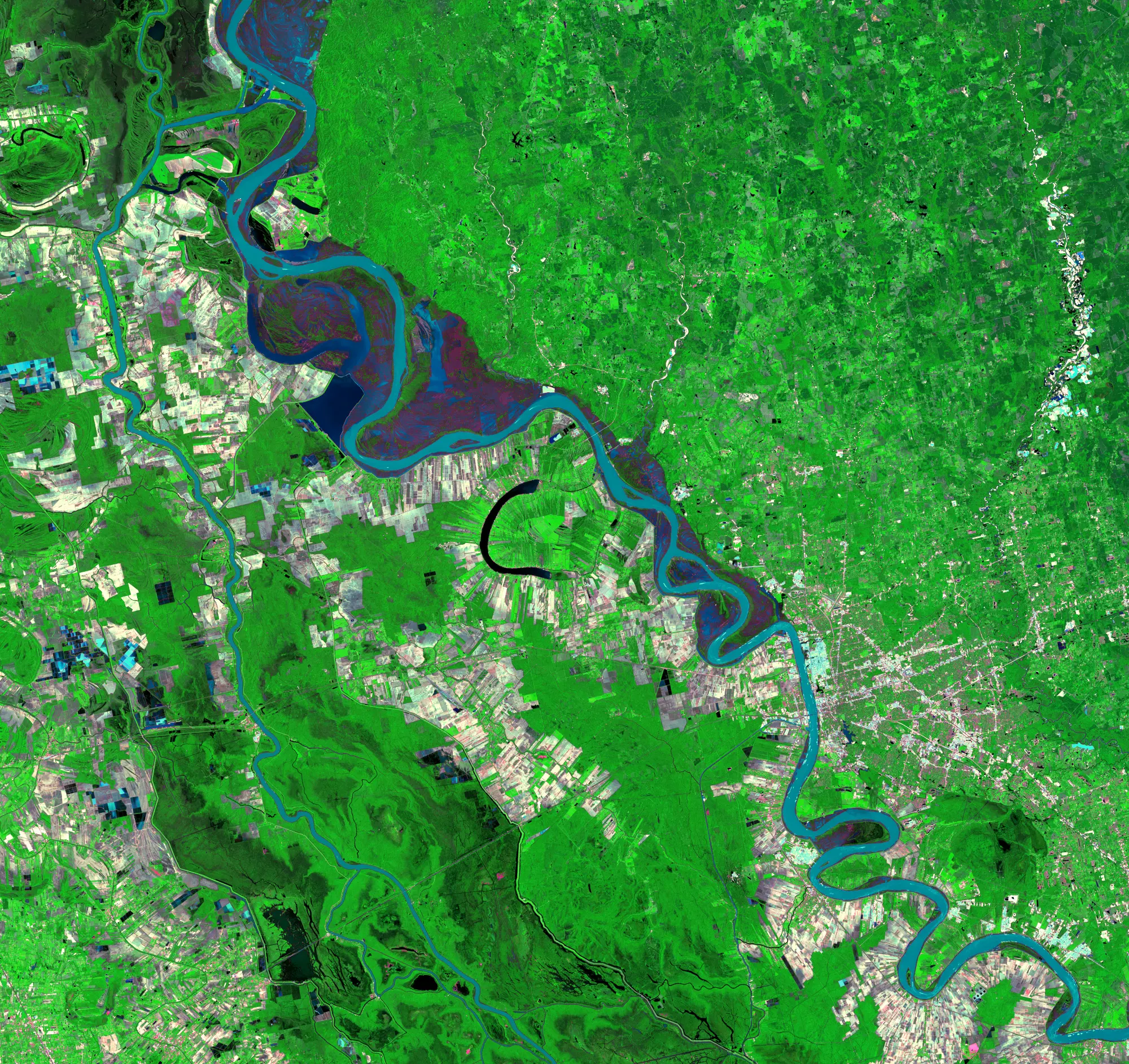 Satellite view showing a winding river flowing through a green landscape with patches of agricultural fields.