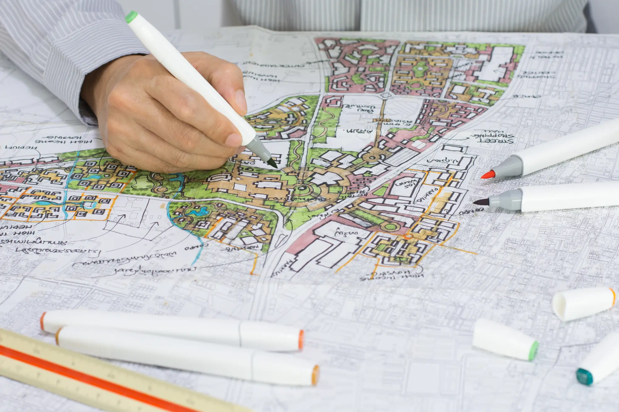 Person using a marker to color a detailed urban planning map with various colored markers and a ruler on a desk.