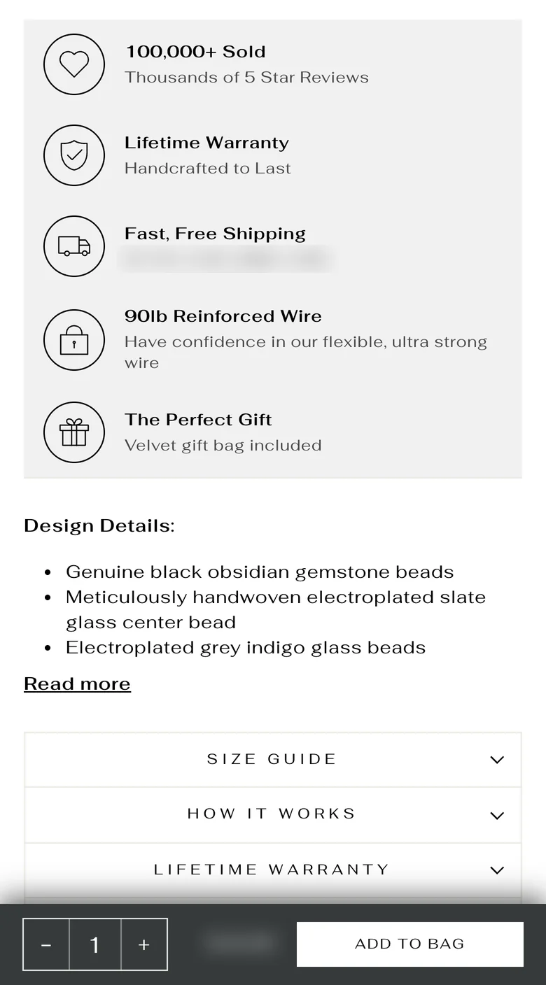 The product page today scrolled down: five trust rows, a short design details list, and a dark sticky bar with a white Add to Bag button. Shipping threshold and price blurred.