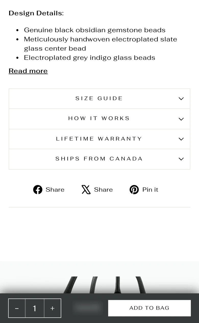 The same page live today with round two's sticky add-to-cart: a dark charcoal bar with a white Add to Bag button. Price blurred.